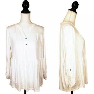 NWT LANE BRYANT Top, White Rayon Long Sleeve Solid Buttons Casual Flowy, 10/12